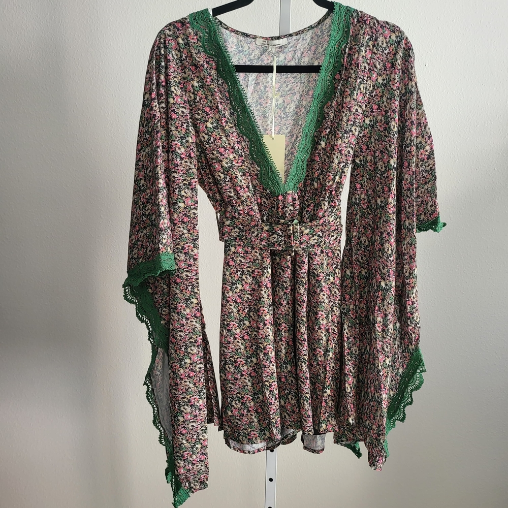Green-Trim Floral Jumpsuit